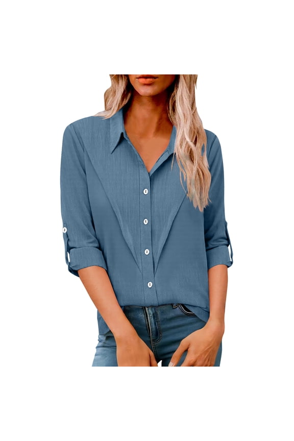 Womens Button Down Shirt Lapel Roll Sleeve Shirts Comfy V-Neck Solid Color Casual Loose Fit Office Work Short Sleeve Top (Blue,XXXL)