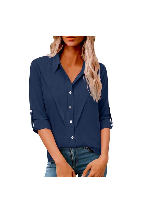 Womens Button Down Shirt Lapel Roll Sleeve Shirts Comfy V-Neck Solid Color Casual Loose Fit Office Work Short Sleeve Top (Navy,S)