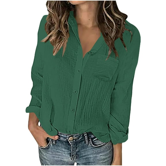 TKLPEHG Womens Button Down Shirt Long Sleeve Blouse Business Work Tops Dressy Casual Solid Color Outfits with Pocket (Green,S)