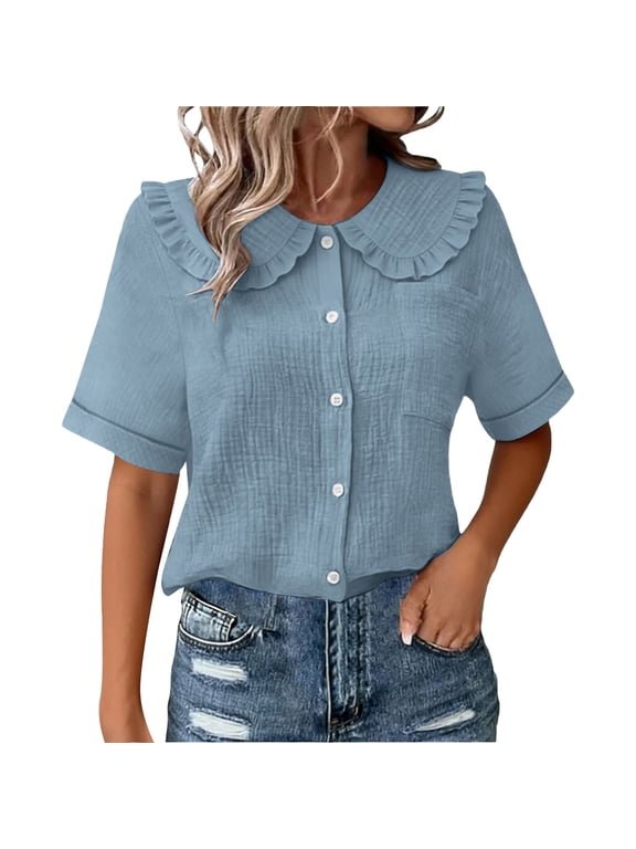 Womens Button Down Shirt Short Sleeve Crew Neck Loose Fit Dressy Casual Fashion Summer Button Elegant Shirt Solid Color Tee Shirts (Navy,L)