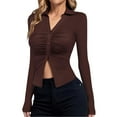 thumbnail image 1 of TKLPEHG Womens Button Down Shirts V Neck Collared Ruched Slim Fit Long Sleeve Shirt Casual Fall Fashion Ladies Tops (Brown,XXL), 1 of 6