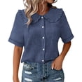 thumbnail image 1 of TKLPEHG Womens Button Down Shirt Short Sleeve Summer Fashion Button Elegant Shirt Loose Fit Dressy Casual Crew Neck Solid Color Tee Shirts (Dark Blue,XXXL), 1 of 6