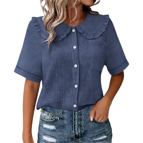 TKLPEHG Womens Button Down Shirt Short Sleeve Summer Fashion Button Elegant Shirt Loose Fit Dressy Casual Crew Neck Solid Color Tee Shirts (Dark Blue,XXXL)