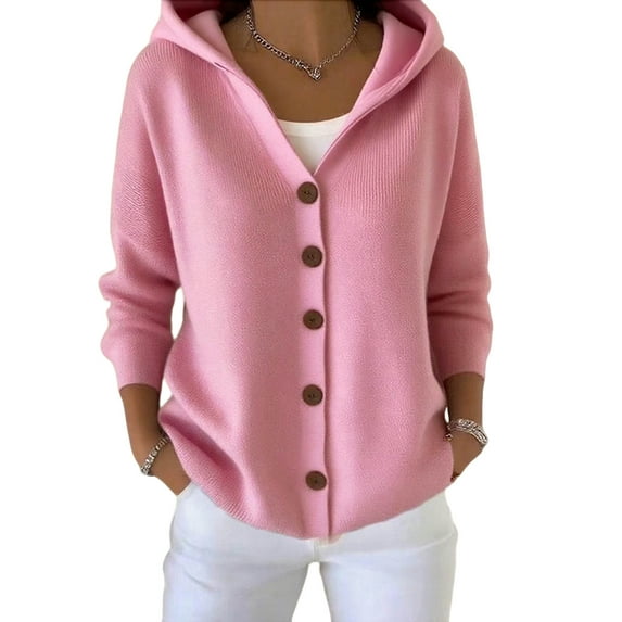 TKLPEHG Womens Button Up Hooded Cardigan Sweaters Coats Long Sleeve V Neck Solid Color Sweater Hoodies Loose Fit Knit Fall Outfits (Pink,L)