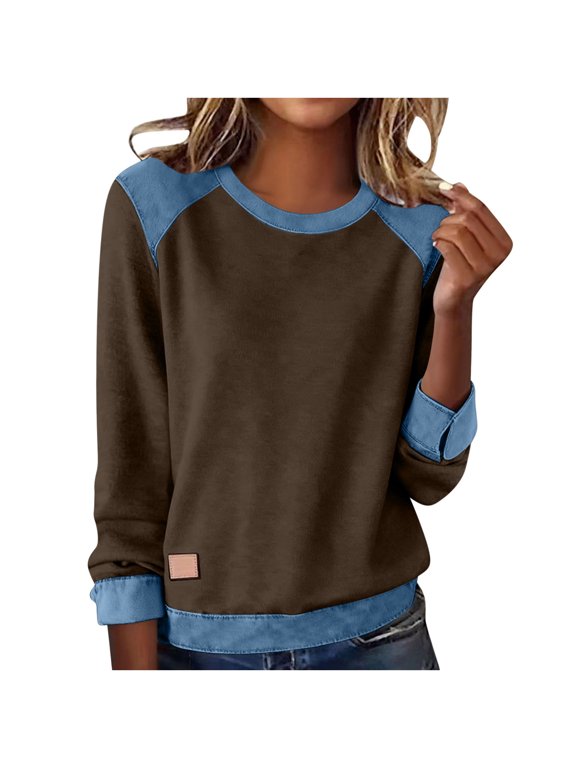 Womens Casual Long Sleeve Tops Denim Patchwork Pullover Spring Lightweight Soft Ladies Tops Crew Neck Solid Color Pullover (Brown,S)