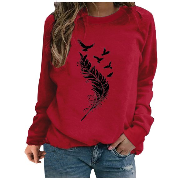 TKLPEHG Womens Casual Long Sleeve Tops Fashion Print Sweatshirt Soft Ladies Tops Crew Neck Print Spring Lightweight Pullover (Red,S)