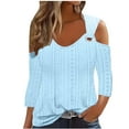 thumbnail image 1 of TKLPEHG Womens Casual Tops Fashion Casual Summer V Neck Eyelet Cold Shoulder Tops Short Sleeve T Shirts Loose Lightweight Going Out Tops Solid Color Blouses(Light Blue,S), 1 of 6