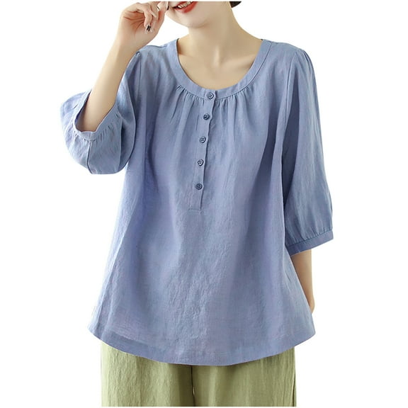 TKLPEHG Womens Casual Tops Fashion Summer Round Neck Button Tops 3/4 Sleeve T Shirts Lightweight Solid Color Loose Going Out Tops Casual Blouses(Blue,L)