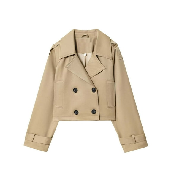 TKLPEHG Womens Coats Double Breasted Long Sleeve Jackets Solid Color Casual Short Trench Coat (Khaki,S)