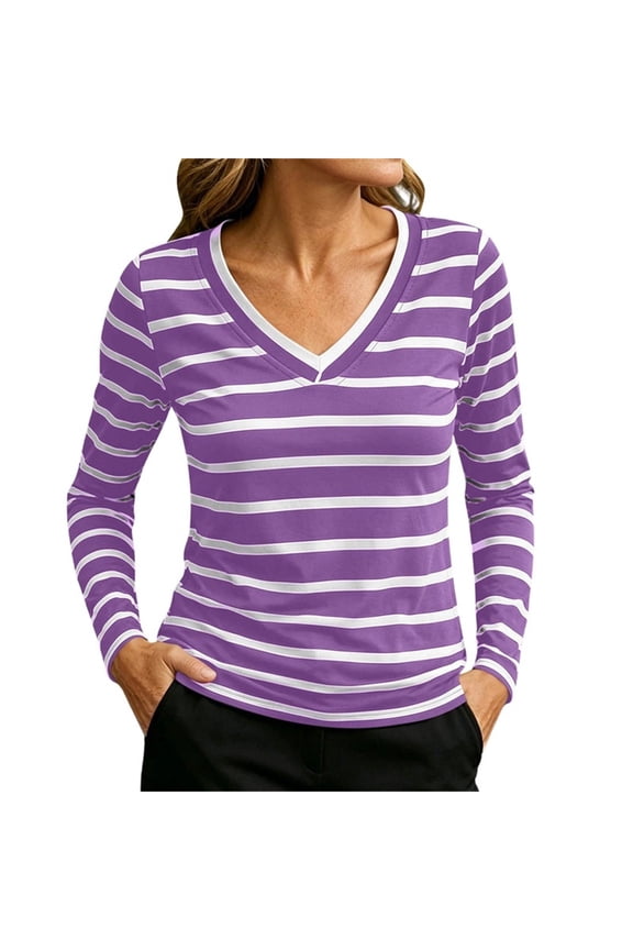 Womens Contrast Trim Striped V Neck Long Sleeve Tops Soft Stretchy Slim Fit Casual Tees Basic Versatile Everyday Daily Travel Shirts (Purple,S)