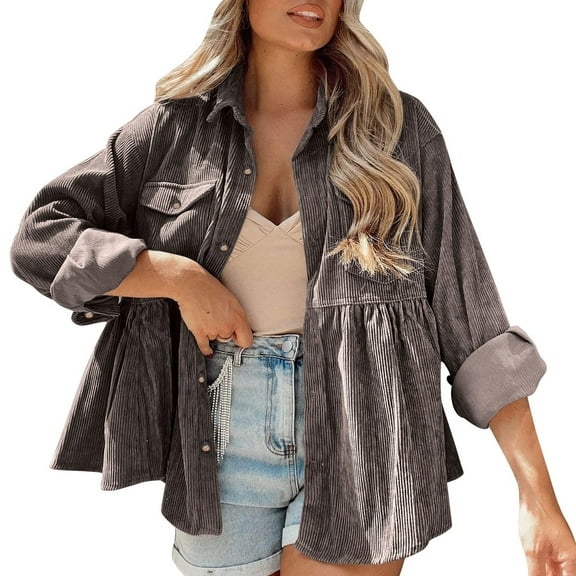 TKLPEHG Womens Corduroy Shirts Long Sleeve Button Up Shirts Jacket Solid Color Tunic Dress Shirts Loose Jacket Shackets (Coffee,L)