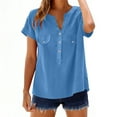 thumbnail image 1 of TKLPEHG Womens Cotton Linen Shirts Short Sleeve V Neck Button Down Shirt Solid Color Loose Casual Comfort Work Tops (Blue,L), 1 of 8