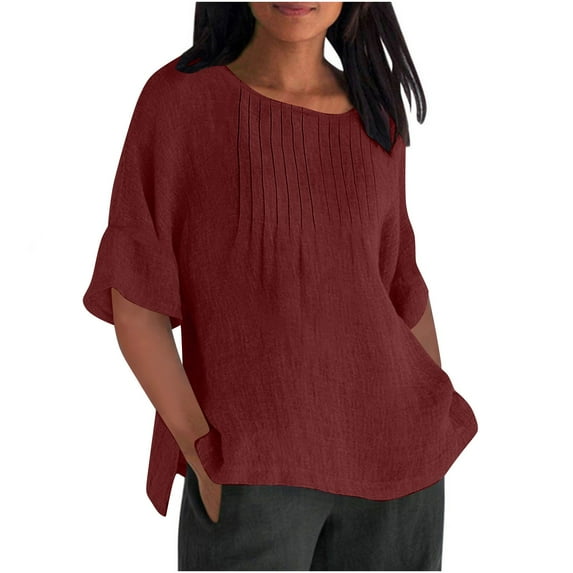 TKLPEHG Womens Cotton Linen Tops Summer Short Sleeve T Shirts Solid Color Round Neck Casual Loose Comfy Shirts Blouses (Z01_Wine,XL)