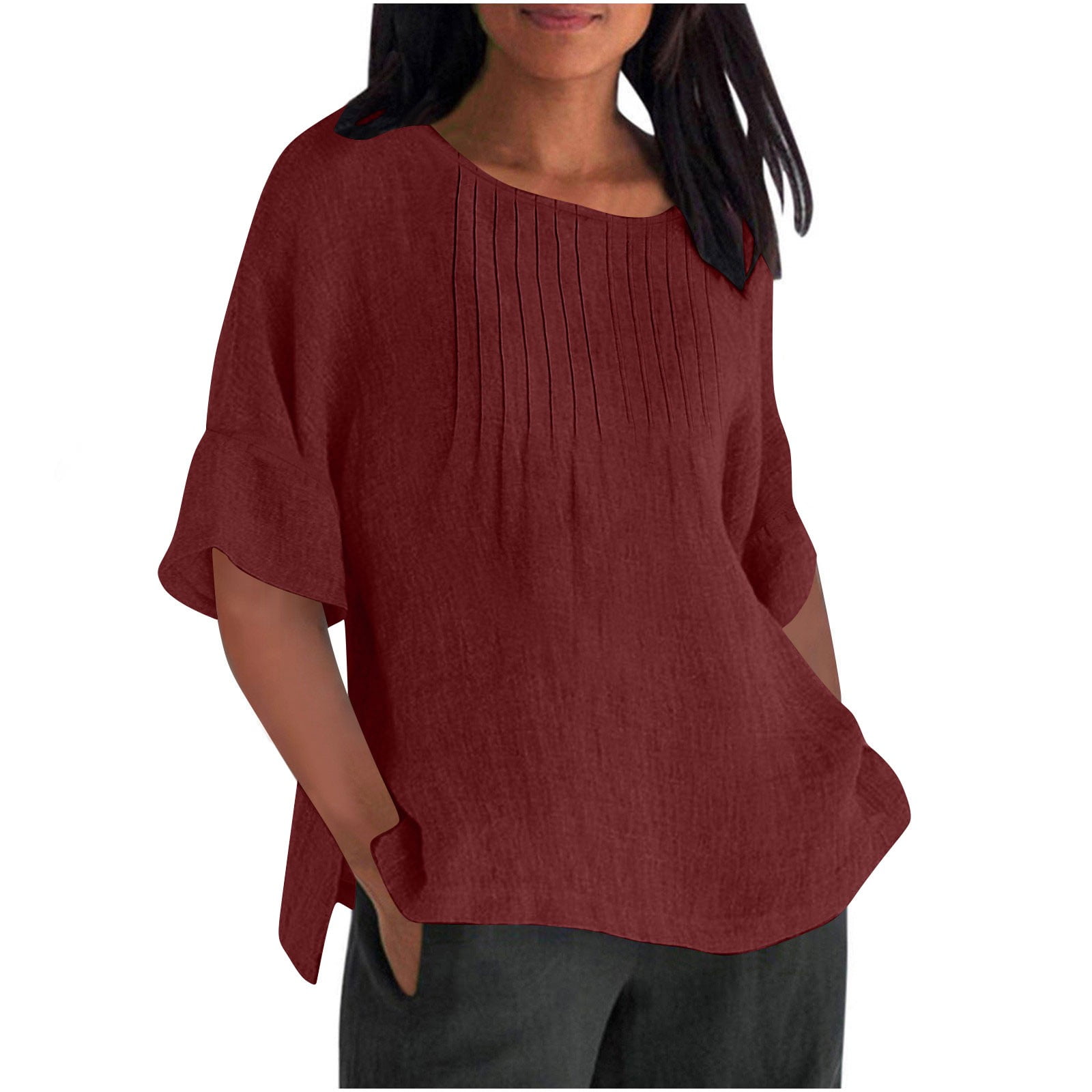 TKLPEHG Womens Cotton Linen Tops Summer Short Sleeve T Shirts Solid ...