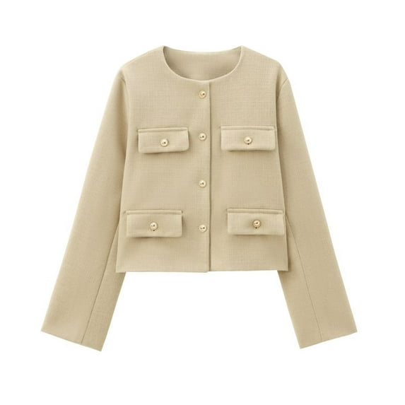 TKLPEHG Womens Cropped Blazer Jackets Slim Open Front Crew Neck Long Sleeve Casual Work Office Coat with Pockets (Beige,S)