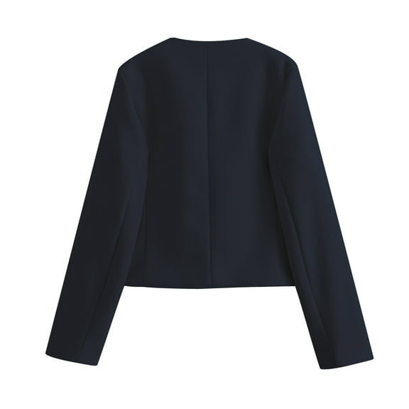 TKLPEHG Womens Cropped Blazer Jackets Slim Open Front Crew Neck Long Sleeve Casual Work Office Coat with Pockets (Navy,L)