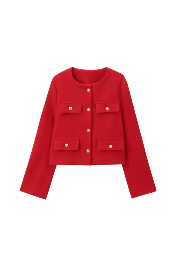 Womens Cropped Blazer Jackets Slim Open Front Crew Neck Long Sleeve Casual Work Office Coat with Pockets (Red,S)