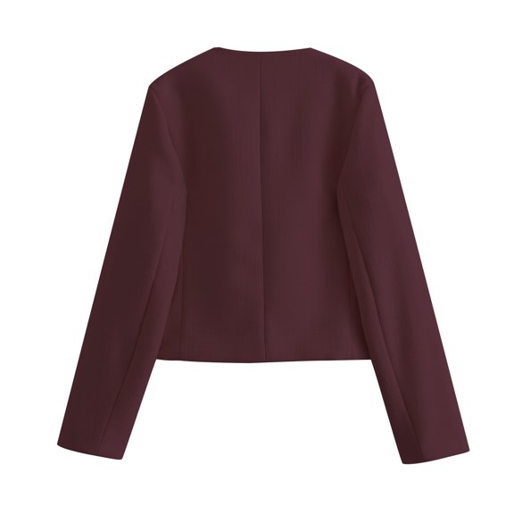 TKLPEHG Womens Cropped Blazer Jackets Slim Open Front Crew Neck Long Sleeve Casual Work Office Coat with Pockets (Wine,L)