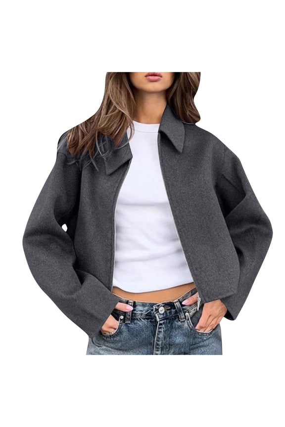 Womens Cropped Peacoat Zip Up Short Jacket Casual Wool Crop Jackets Casual Fashion Fall Outerwear Pockets (Gray,L)