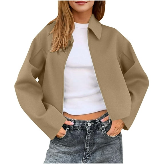 TKLPEHG Womens Cropped Peacoats Zip Up Short Casual Wool Jackets Solid Color Long Sleeve Coats Fall Outerwear (Khaki,M)