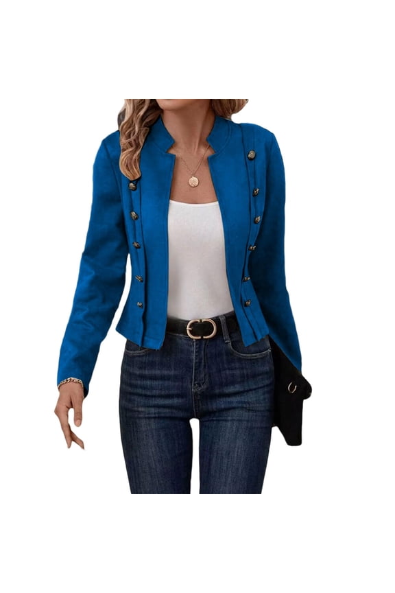 Womens Cropped Suede Leather Jacket Casual Long Sleeve Blazer Jacket Double Breasted Vintage Open Front Cardigan Fall Coats (Blue,S)