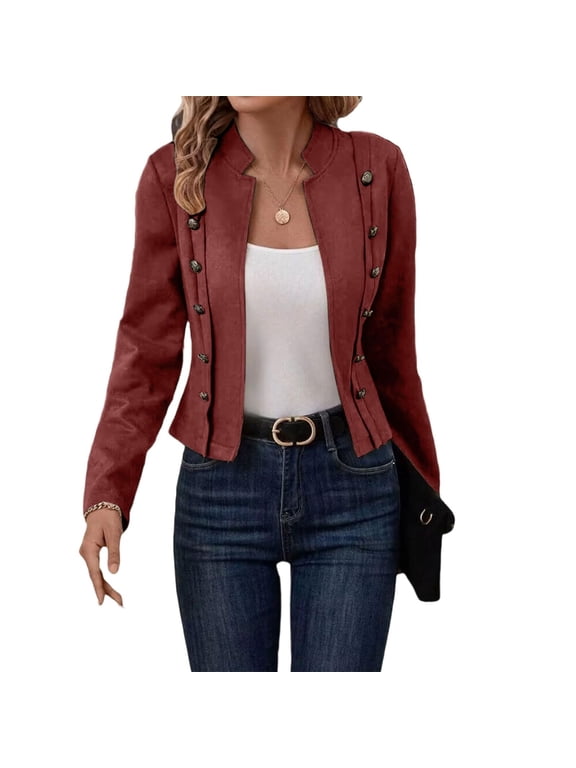 Womens Cropped Suede Leather Jacket Casual Long Sleeve Blazer Jacket Double Breasted Vintage Open Front Cardigan Fall Coats (Red,M)
