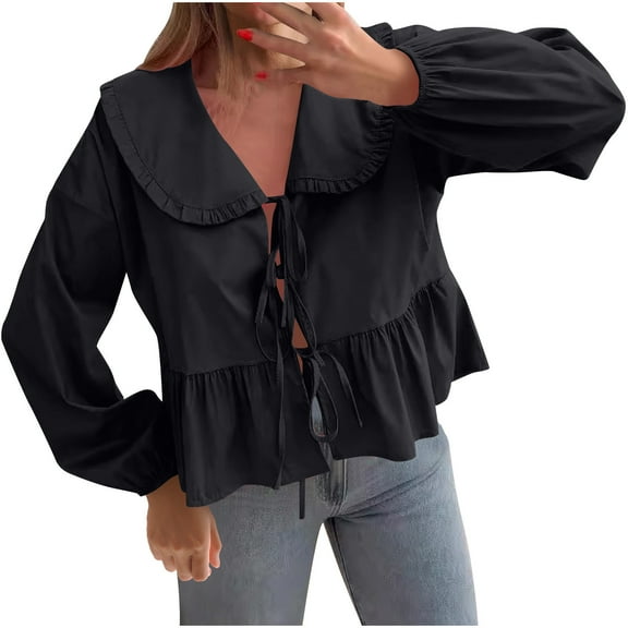 TKLPEHG Womens Dressy Tops Doll Collar Lace Tied Shirt Fashion Long Sleeve Loose Classic Solid Color Casual Comfy Lightweight Blouses (Black,M)