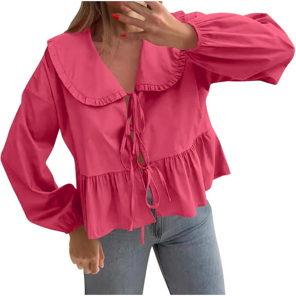 TKLPEHG Womens Dressy Tops Doll Collar Lace Tied Shirt Fashion Long Sleeve Loose Classic Solid Color Casual Comfy Lightweight Blouses (Hot Pink,S)