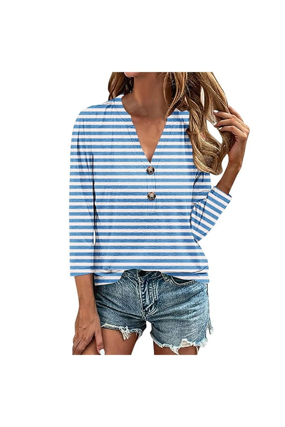 Womens Dressy Tops Fashion Lightweight Casual Going Out Tops 3/4 Sleeve T Shirts Summer Striped Print Graphic Tee Loose Button V Neck Tshirt Blouses(Blue,L)