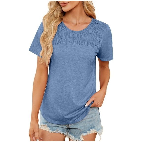TKLPEHG Womens Dressy Tops Fashion Summer Short Sleeve T Shirts Lightweight Solid Color Loose Casual Round Neck Tshirts Going Out Tops Blouses(Blue,M)
