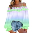 thumbnail image 1 of TKLPEHG Womens Dressy Tops Gradient Ruffle Off Shoulder Tops Casual Lantern Long Sleeve Trendy Blouses (Blue,M), 1 of 7