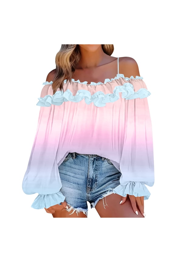 Womens Dressy Tops Gradient Ruffle Off Shoulder Tops Casual Lantern Long Sleeve Trendy Blouses (Pink,S)