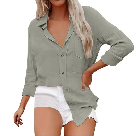 TKLPEHG Womens Dressy Tops Lapel Button Shirts Lightweight Casual Comfy Classic Solid Color Loose Fashion Long Sleeve Blouses (Gray,XL)