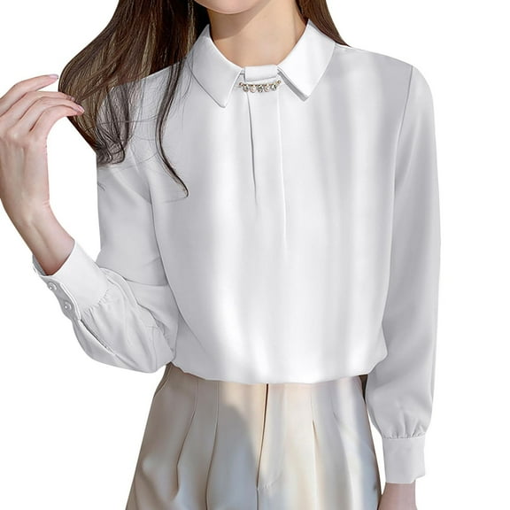 TKLPEHG Womens Dressy Tops Lapel Collor Satin Trendy Pleated Blouse Long Sleeve Loose Tunic Shirt Fall Casual Office Work Tops (White,M)