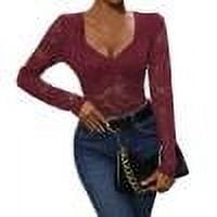 TKLPEHG Womens Dressy Tops Sheer Floral Lace V Neck Bodysuit Fashion Lightweight Casual Classic Solid Color Loose Long Sleeve Blouses (Wine,S)