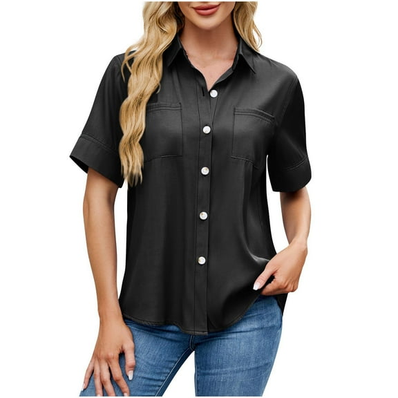 TKLPEHG Womens Dressy Tops Short Sleeve T Shirts Lapel Button Shirt Solid Color Graphic Tee Summer Fashion Comfy Loose Casual Outfits (Black,L)