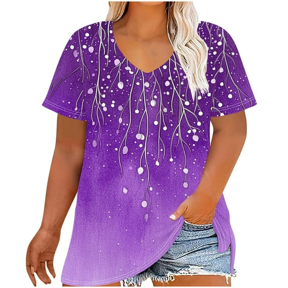 TKLPEHG Womens Dressy Tops Short Sleeve T Shirts Plus Size V-Neck Tunic Tops Fashion Casual Loose Fashion Print Graphic Tee Comfy Summer Outfits (Purple,XXXXXL)