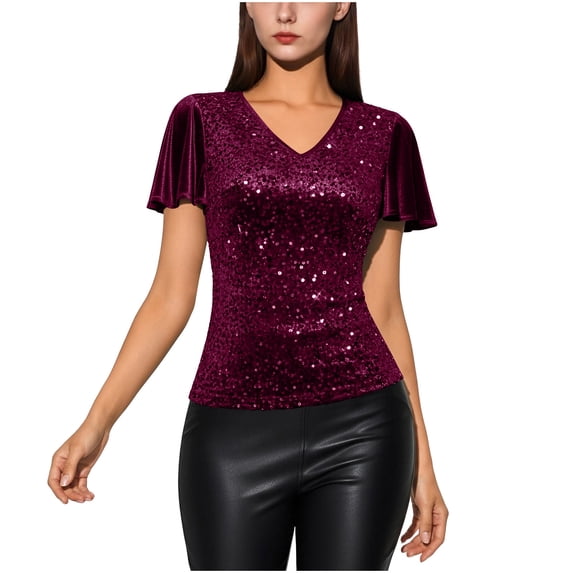TKLPEHG Womens Dressy Tops Slim Sequins Tops Casual Short Sleeve Top Loose Fit Comfy Regular V-Neck Solid Color Office (Wine,L)
