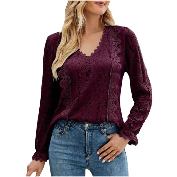 TKLPEHG Womens Dressy Tops V-Neck Hollow Lace Elegant Shirts Fashion Casual Comfy Lightweight Long Sleeve T Shirt Fall Tops Solid Color Loose Pullover (Wine,M)