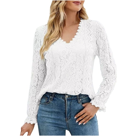 TKLPEHG Womens Dressy Tops V-Neck Hollow Lace Elegant Shirts Fashion Casual Comfy Lightweight Long Sleeve T Shirt Fall Tops Solid Color Loose Pullover (White,M)