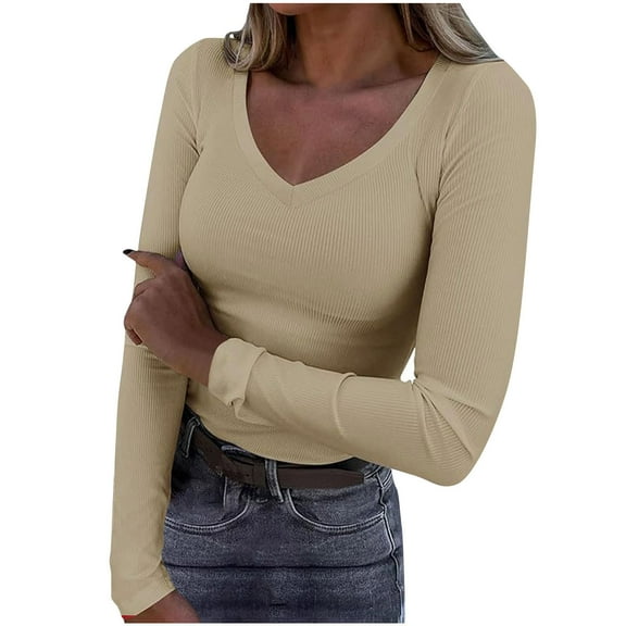 TKLPEHG Womens Dressy Tops V-Neck Slim Tops Casual Comfy Lightweight Long Sleeve T Shirt Fashion Solid Color Fall Tops Pullover (Khaki,S)