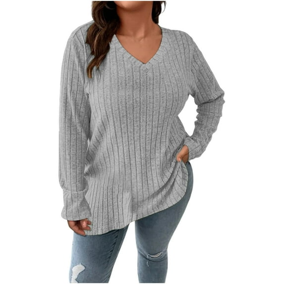 TKLPEHG Womens Fall Sweaters Plus Size Long Sleeve Tops Casual V Neck Pullover Knit Sweater Solid Color Loose Fall Clothes (Gray,XL)