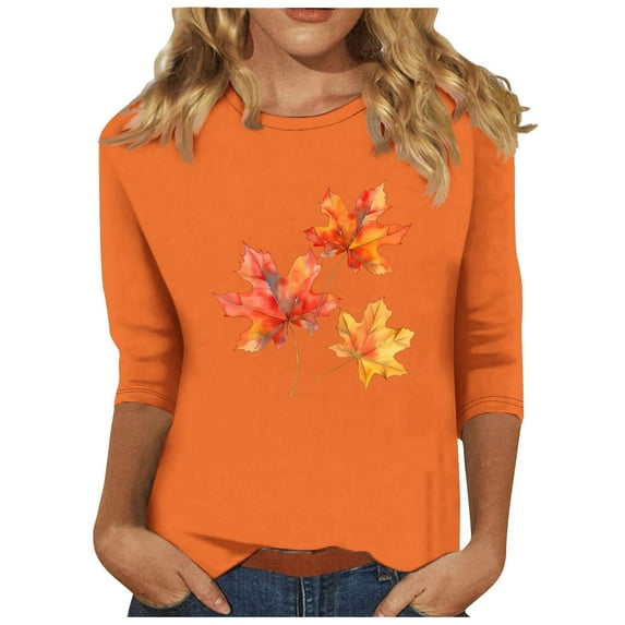 TKLPEHG Womens Fall Tops Thanksgiving 3/4 Sleeve Tunic Tops Fall Funny Graphic Tee Round Neck Casual Fashion Colthes (Orange,XL)