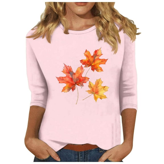 TKLPEHG Womens Fall Tops Thanksgiving 3/4 Sleeve Tunic Tops Fall Funny Graphic Tee Round Neck Casual Fashion Colthes (Pink,S)