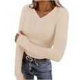 thumbnail image 1 of TKLPEHG Womens Fitted Long Sleeve Shirts Slim-Fit Button Basic Tee for Everyday Wear Ladies Tops Soft Spring Solid Color V-Neck Lightweight Shirt (Beige,M), 1 of 9