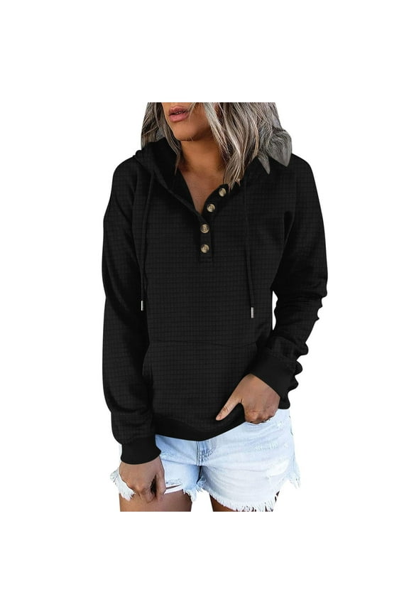 Womens Half Button Sweatshirt Drawstring Hoodies Long Sleeve Hooded Pullover Fall Fashion Sweatshirt with Pocket (Black,XXL)