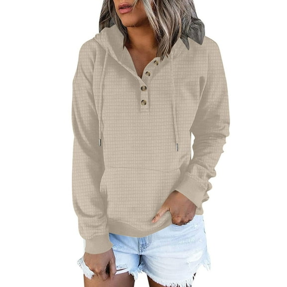 TKLPEHG Womens Half Button Sweatshirt Drawstring Hoodies Long Sleeve Hooded Pullover Fall Fashion Sweatshirt with Pocket (Khaki,M)