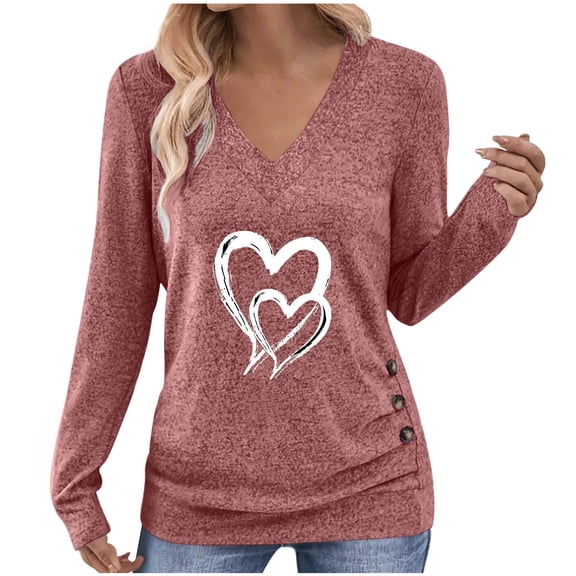 TKLPEHG Womens Heart Graphic Shirts Casual Soft Long Sleeve V-Neck Tshirt Fashion Spring Fall Tunic Tee Tops (Pink,S)