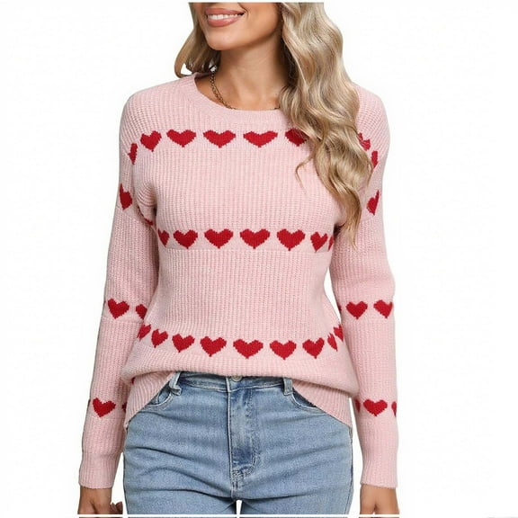 TKLPEHG Womens Heart Sweaters Long Sleeve Crew Neck Casual Fall Winter Pullover Valentines Day Sweaters for Women (Pink,XL)