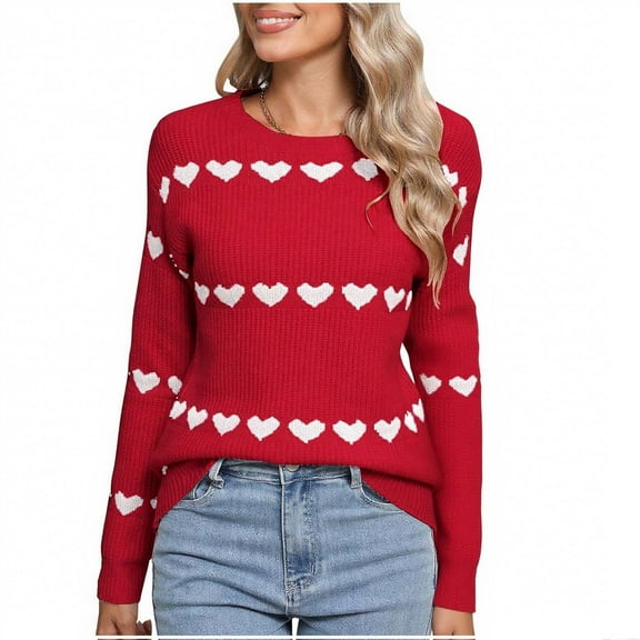 TKLPEHG Womens Heart Sweaters Long Sleeve Crew Neck Casual Fall Winter Pullover Valentines Day Sweaters for Women (Red,S)